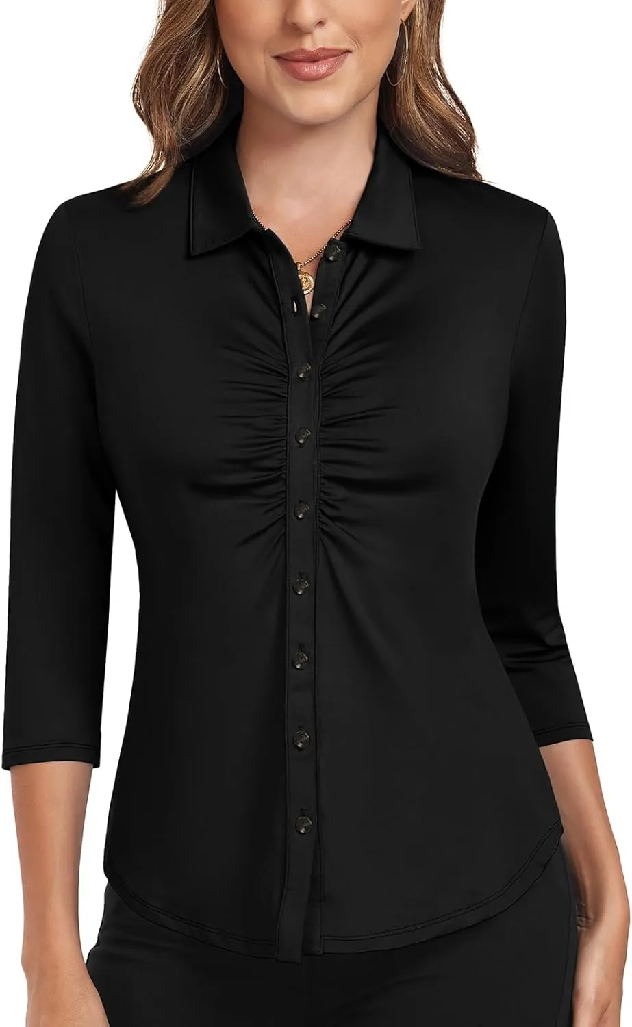Soneven Women's 3/4 Sleeve Golf Polo Shirts V Neck Ruffle Sleeve Dressy Tops Casual Work Tunic Blouses