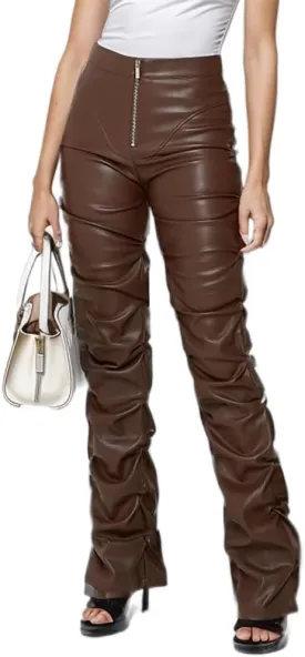 Sumleno High Waist Stacked Pants for Women Faux Leather Ruffle Ruched Leggings Y2k Black Pleated Sexy Aesthetic Streetwear