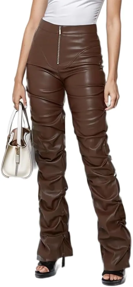 Sumleno High Waist Stacked Pants for Women Faux Leather Ruffle Ruched Leggings Y2k Black Pleated Sexy Aesthetic Streetwear