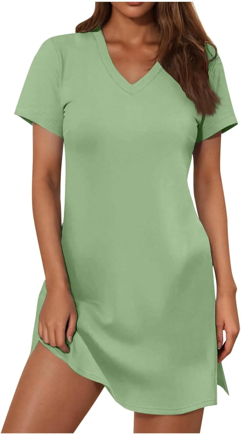 Summer Dresses for Women 2025 Fashion Side Slit Short Sleeve V-Neck T Shirt Mini Dress Solid Casual Outdoor Sundress