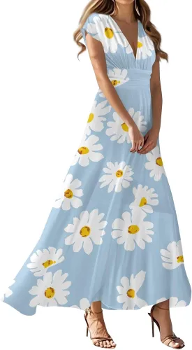 Summer Dresses for Women Short Sleeve Deep V Neck Maxi Dress Fitted Vintage Floral Print High Waist Dress