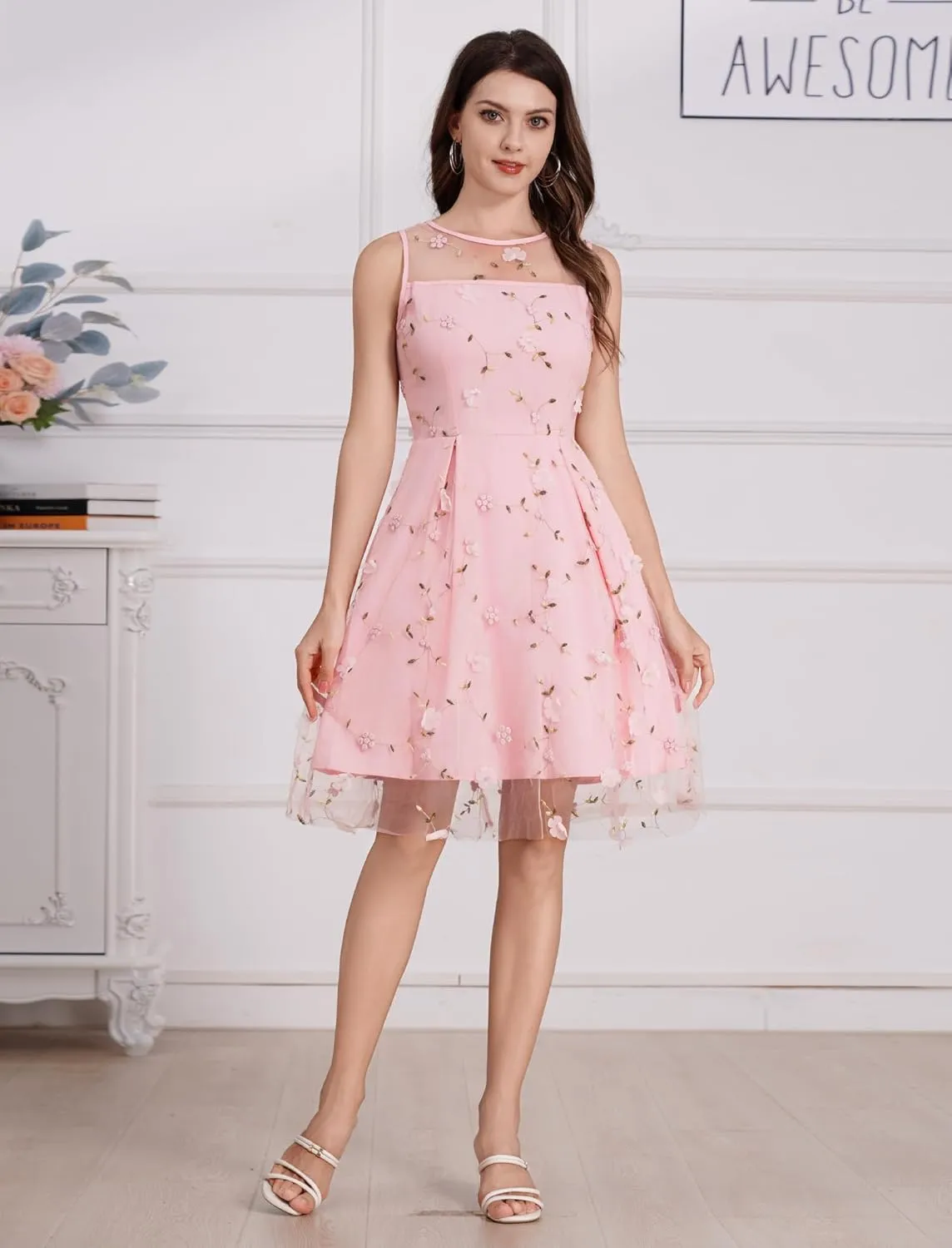 Summer Floral Embroidery Tulle Dress for Women Floral Embroidered Dress for Women Wedding Guest Formal Evening Party Gown