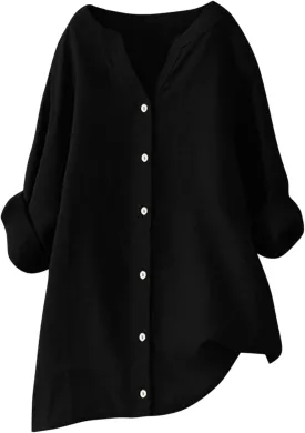 Summer Linen Tops for Women 2024 Vacation Trendy V Neck Long Sleeve Shirts Casual Button Up Tunic Clothes