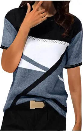 Summer New Geometric Pattern T Shirts for Women Casual Tops Crewneck Short Sleeve Tees Color Block Loose Blouses