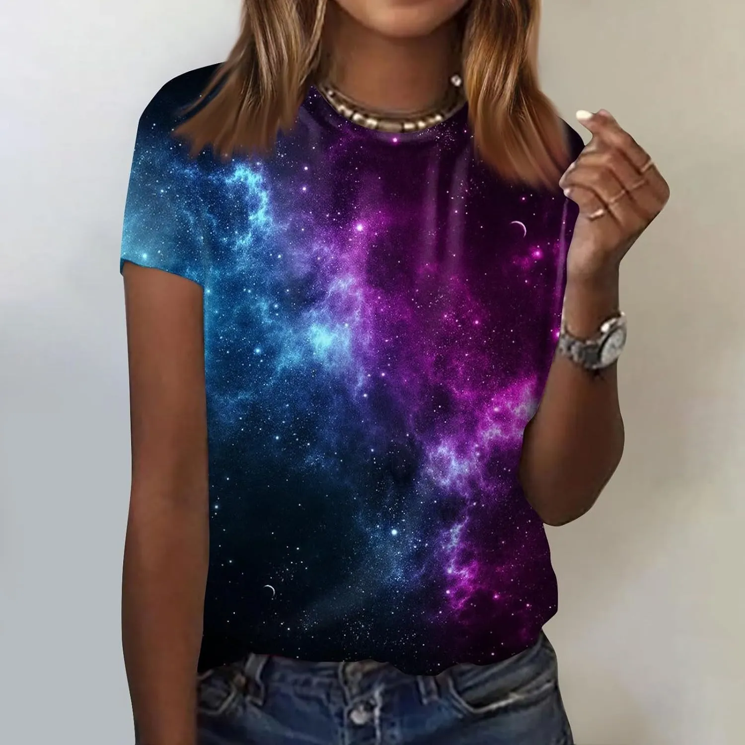 Summer Top for Women 2024 Novelty 3D Galaxy Universe Graphic Tees Short Sleeve Shirts Casual Cotton Tshirt Teen Girls Clothes
