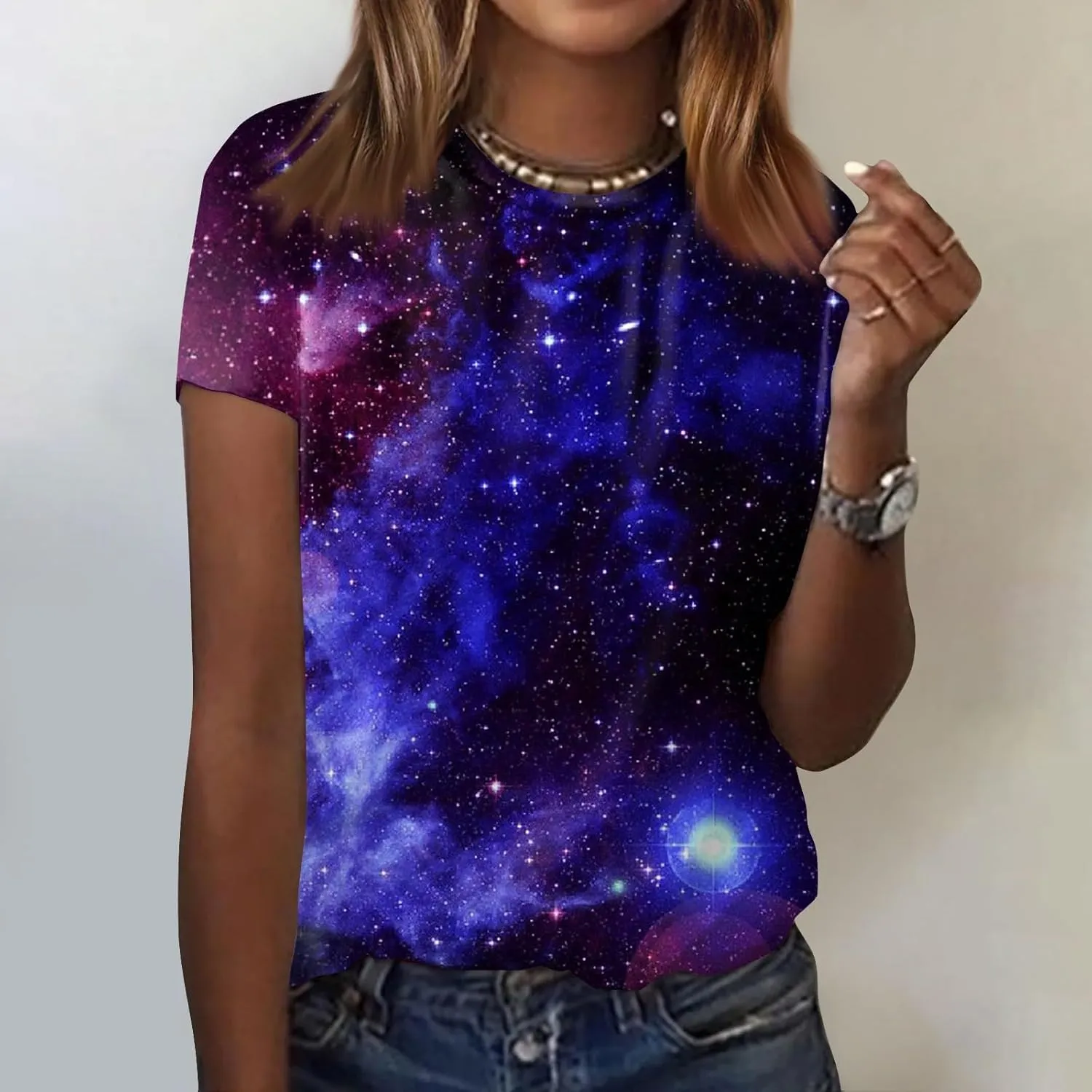 Summer Top for Women 2024 Novelty 3D Galaxy Universe Graphic Tees Short Sleeve Shirts Casual Cotton Tshirt Teen Girls Clothes