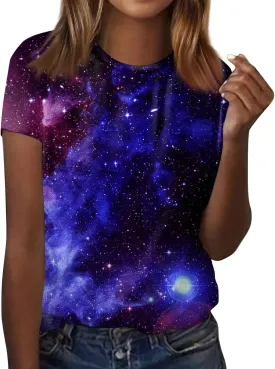 Summer Top for Women 2024 Novelty 3D Galaxy Universe Graphic Tees Short Sleeve Shirts Casual Cotton Tshirt Teen Girls Clothes