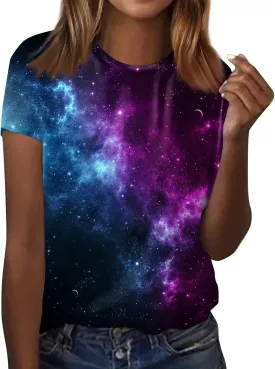Summer Top for Women 2024 Novelty 3D Galaxy Universe Graphic Tees Short Sleeve Shirts Casual Cotton Tshirt Teen Girls Clothes