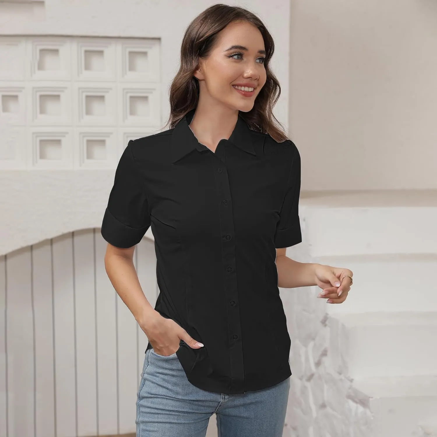 SUNNOW Womens Button Down Shirts Tailored Short Sleeve Shirt Basic Simple Stretch Wrinkle Free Formal Work Blouses