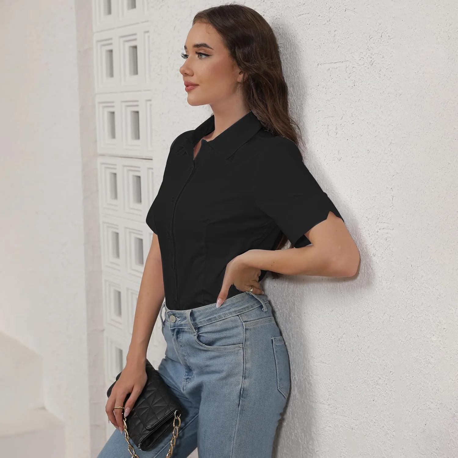 SUNNOW Womens Button Down Shirts Tailored Short Sleeve Shirt Basic Simple Stretch Wrinkle Free Formal Work Blouses