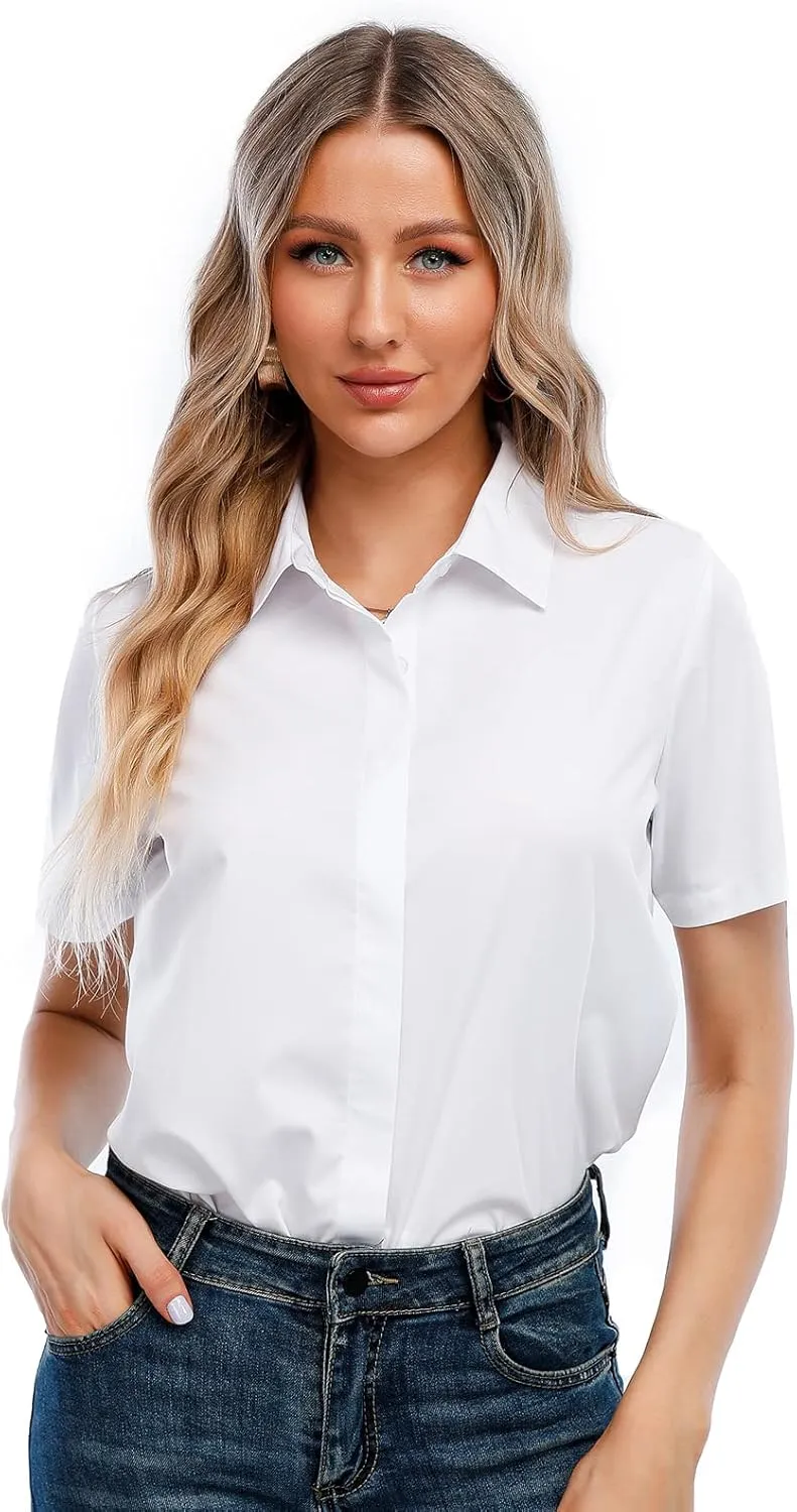 SUNNOW Womens Button Down Shirts Tailored Short Sleeve Shirt Basic Simple Stretch Wrinkle Free Formal Work Blouses