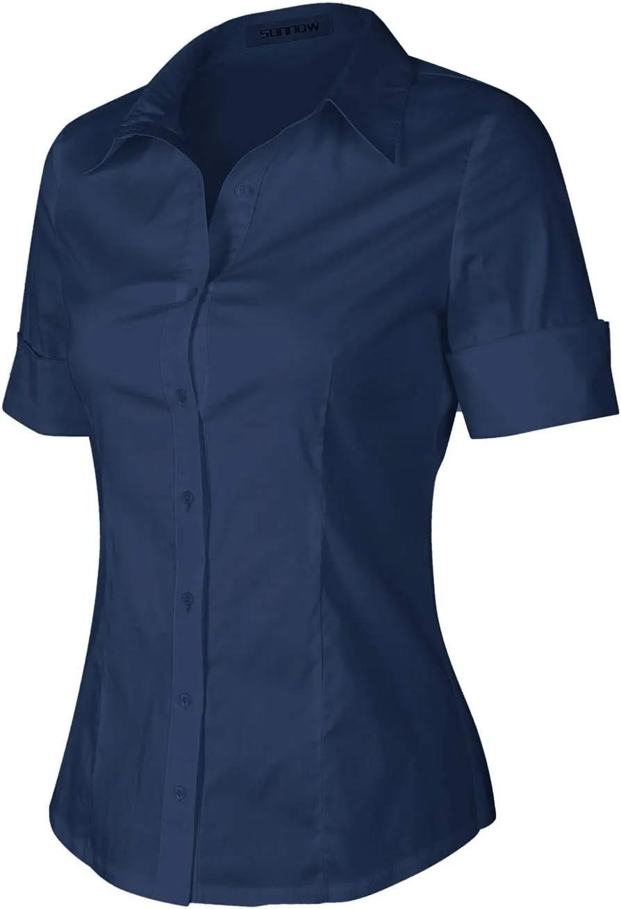 SUNNOW Womens Button Down Shirts Tailored Short Sleeve Shirt Basic Simple Stretch Wrinkle Free Formal Work Blouses