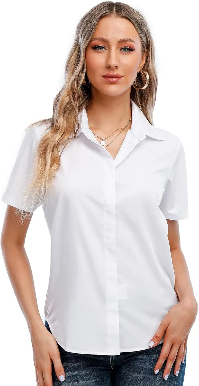 SUNNOW Womens Button Down Shirts Tailored Short Sleeve Shirt Basic Simple Stretch Wrinkle Free Formal Work Blouses