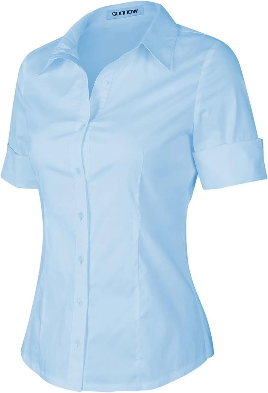 SUNNOW Womens Button Down Shirts Tailored Short Sleeve Shirt Basic Simple Stretch Wrinkle Free Formal Work Blouses