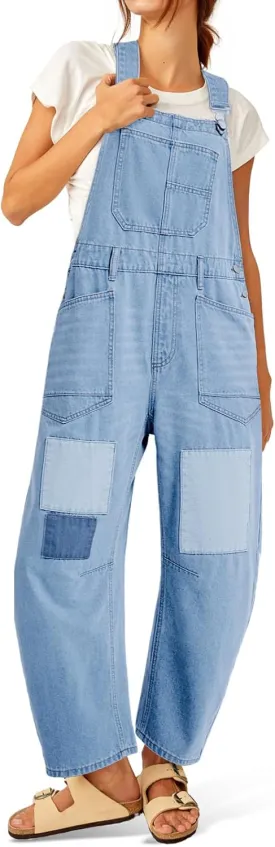 Tankaneo Womens Baggy Denim Overalls Patchwork Wide Leg Adjustable Strap Jumpsuits Casual Bib Cotton Barrel Jeans Outfits