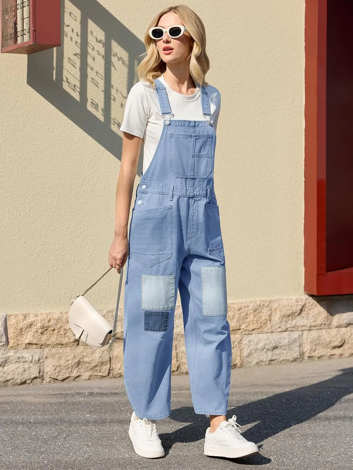 Tankaneo Womens Baggy Denim Overalls Patchwork Wide Leg Adjustable Strap Jumpsuits Casual Bib Cotton Barrel Jeans Outfits