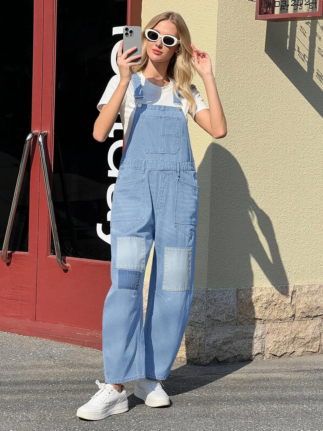 Tankaneo Womens Baggy Denim Overalls Patchwork Wide Leg Adjustable Strap Jumpsuits Casual Bib Cotton Barrel Jeans Outfits