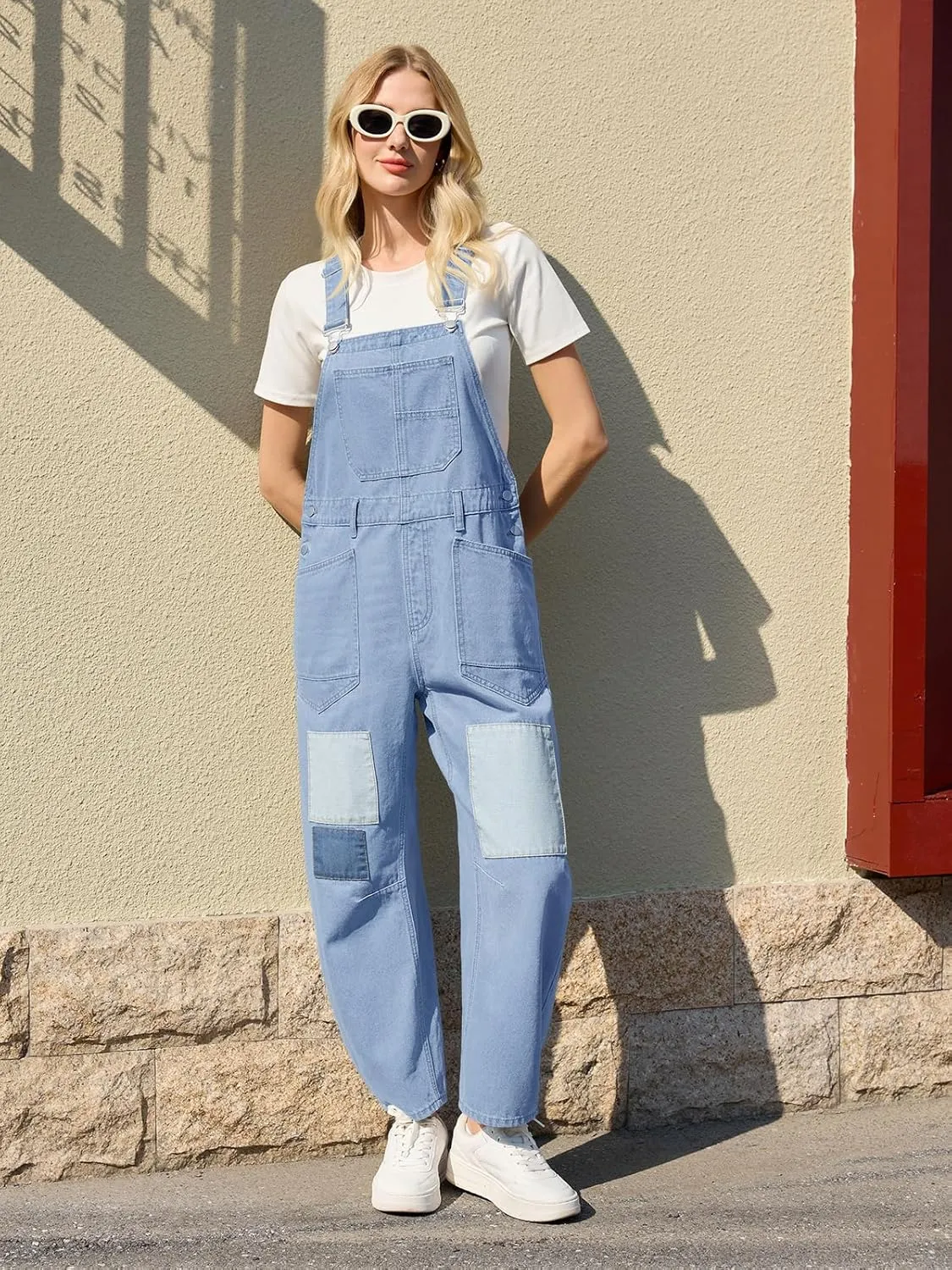 Tankaneo Womens Baggy Denim Overalls Patchwork Wide Leg Adjustable Strap Jumpsuits Casual Bib Cotton Barrel Jeans Outfits
