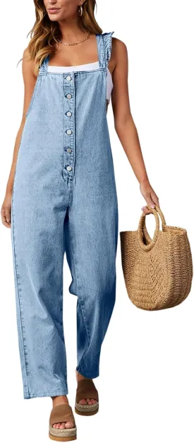 Tongmingyun Women's Loose Denim Overalls Jumpsuits Ruffle Sleeve Button Down Straight Leg Jeans Long Rompers