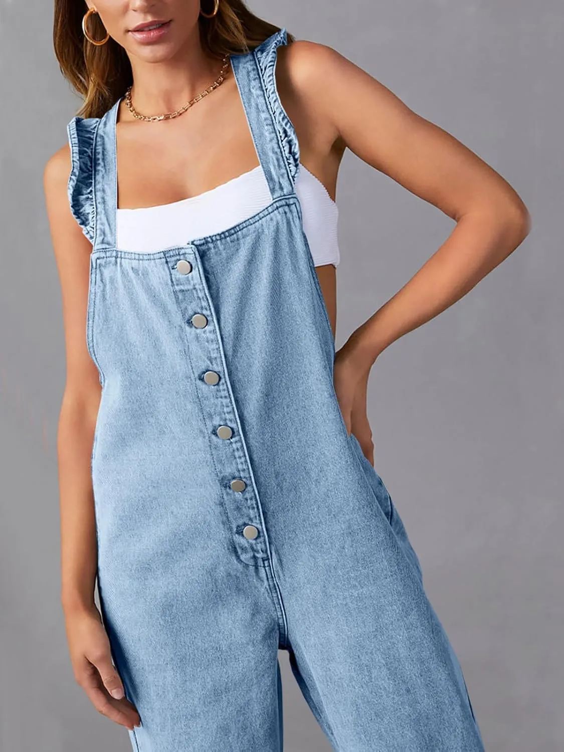 Tongmingyun Women's Loose Denim Overalls Jumpsuits Ruffle Sleeve Button Down Straight Leg Jeans Long Rompers
