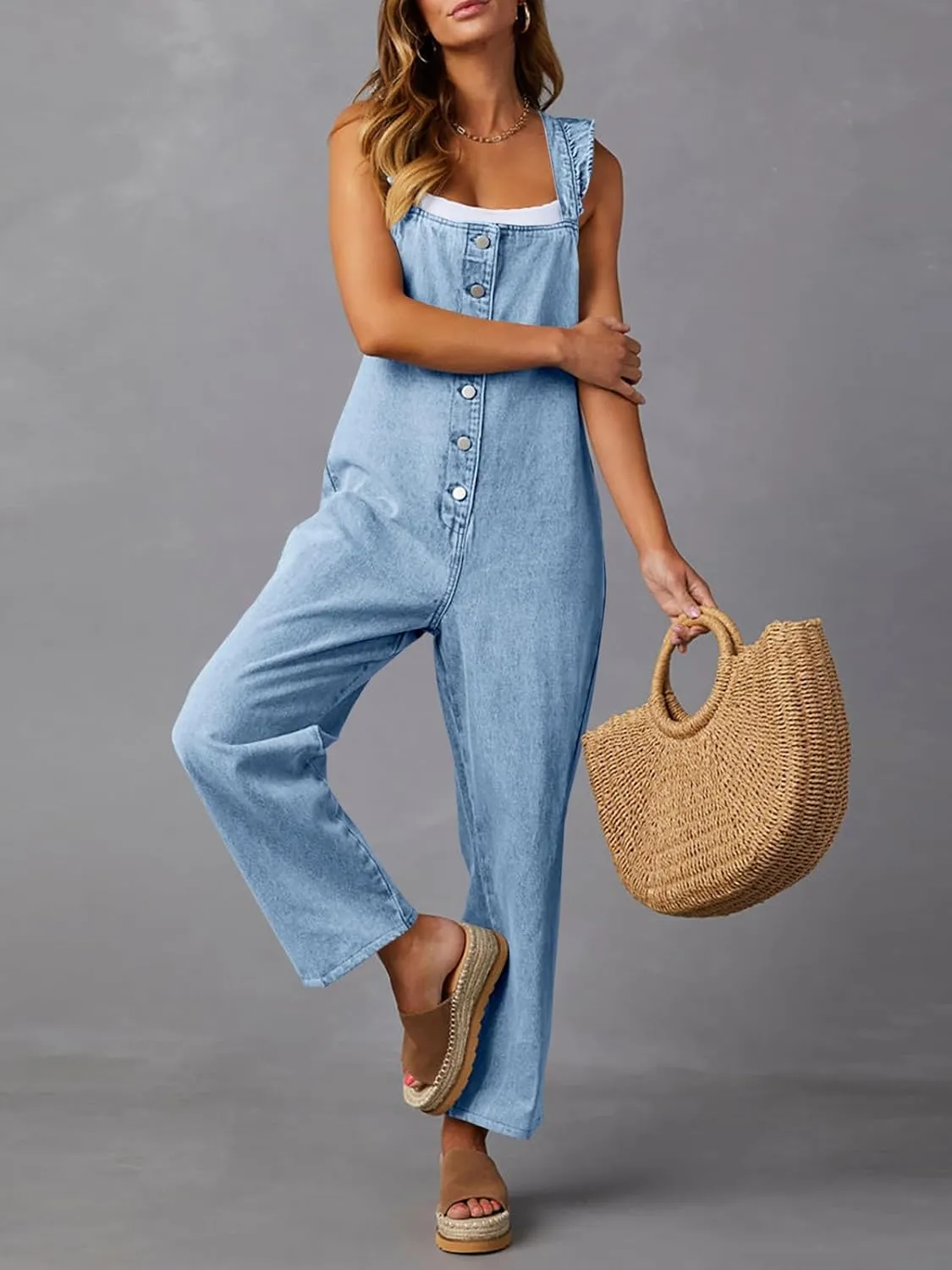 Tongmingyun Women's Loose Denim Overalls Jumpsuits Ruffle Sleeve Button Down Straight Leg Jeans Long Rompers