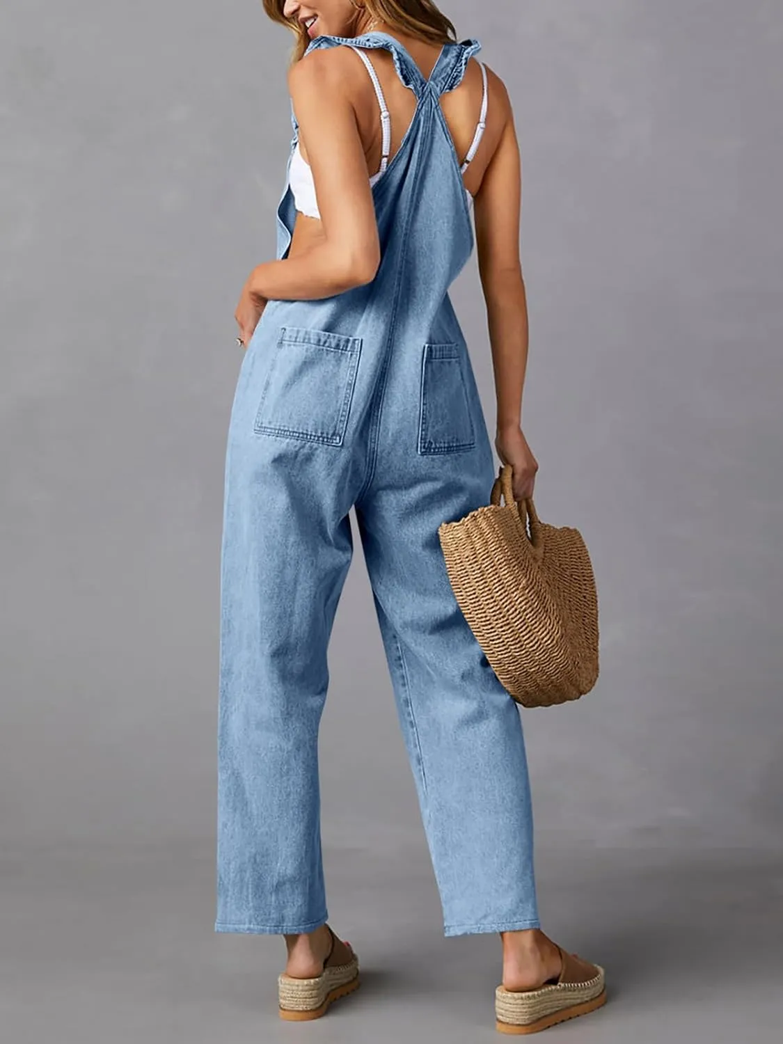 Tongmingyun Women's Loose Denim Overalls Jumpsuits Ruffle Sleeve Button Down Straight Leg Jeans Long Rompers