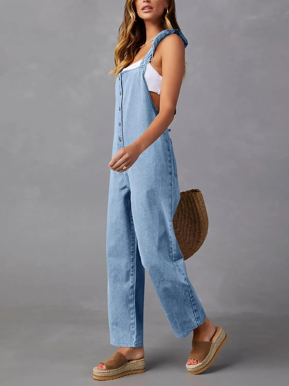 Tongmingyun Women's Loose Denim Overalls Jumpsuits Ruffle Sleeve Button Down Straight Leg Jeans Long Rompers