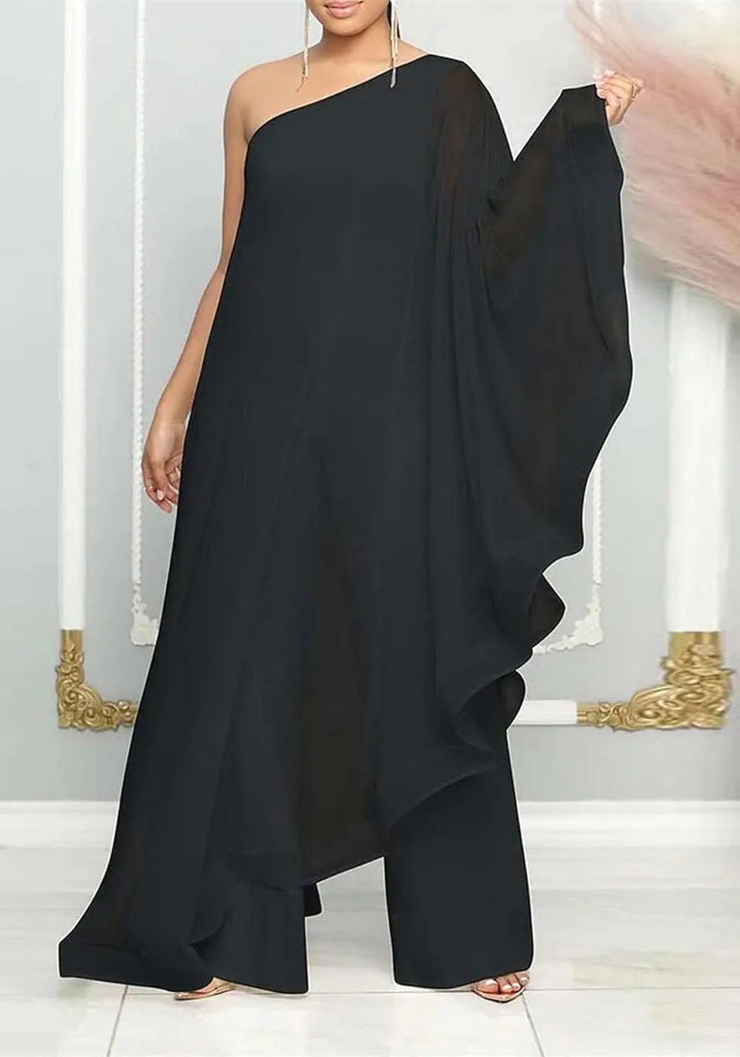 Vakkest Women's Sexy Formal Gown Dresses Off One Shoulder Sleeveless Jumpsuit Long Split Summer Party Wedding Gala Dress