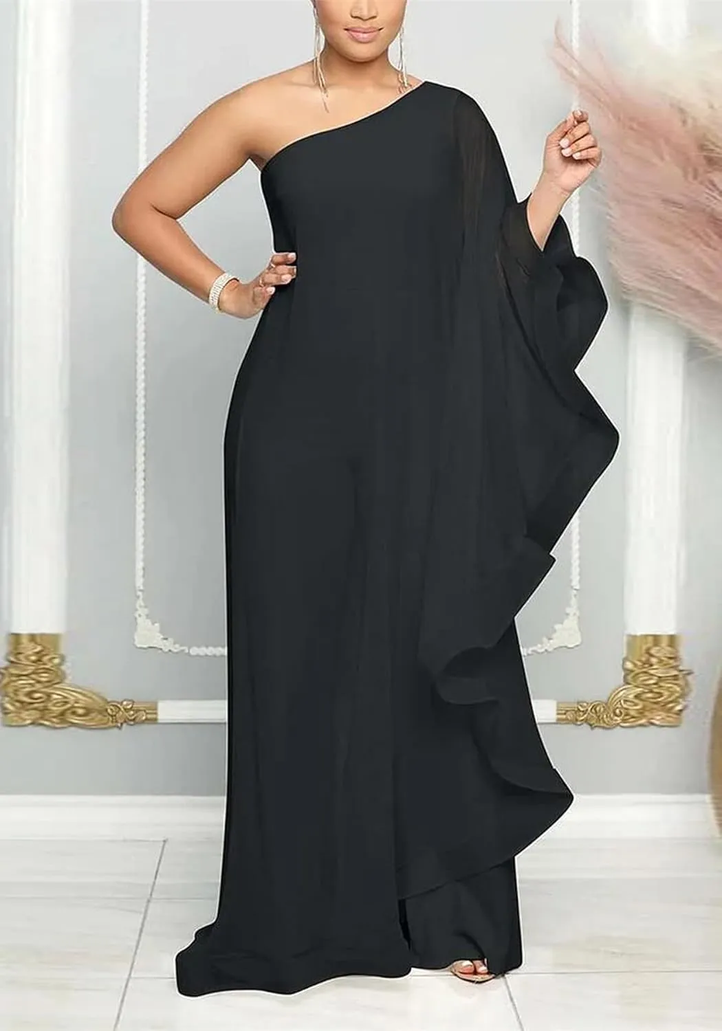 Vakkest Women's Sexy Formal Gown Dresses Off One Shoulder Sleeveless Jumpsuit Long Split Summer Party Wedding Gala Dress