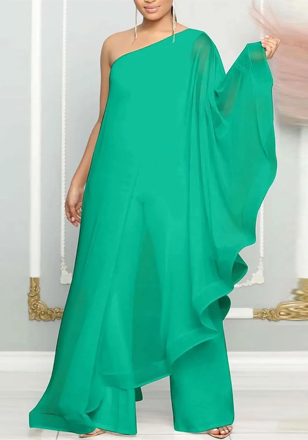 Vakkest Women's Sexy Formal Gown Dresses Off One Shoulder Sleeveless Jumpsuit Long Split Summer Party Wedding Gala Dress