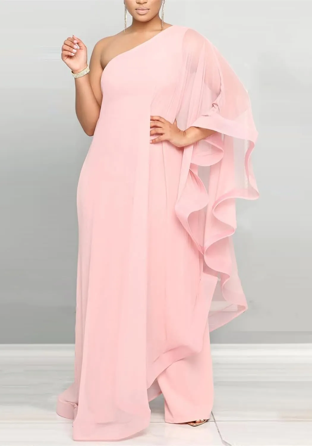 Vakkest Women's Sexy Formal Gown Dresses Off One Shoulder Sleeveless Jumpsuit Long Split Summer Party Wedding Gala Dress