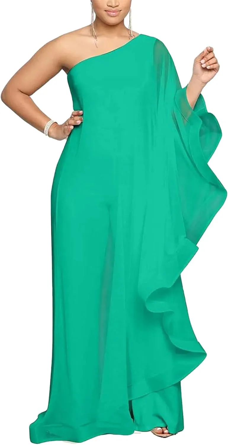 Vakkest Women's Sexy Formal Gown Dresses Off One Shoulder Sleeveless Jumpsuit Long Split Summer Party Wedding Gala Dress