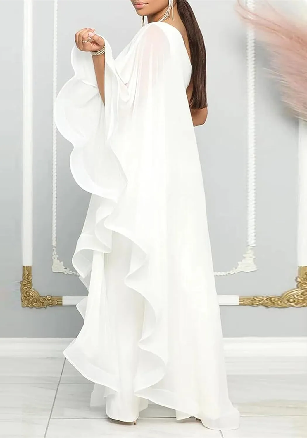 Vakkest Women's Sexy Formal Gown Dresses Off One Shoulder Sleeveless Jumpsuit Long Split Summer Party Wedding Gala Dress