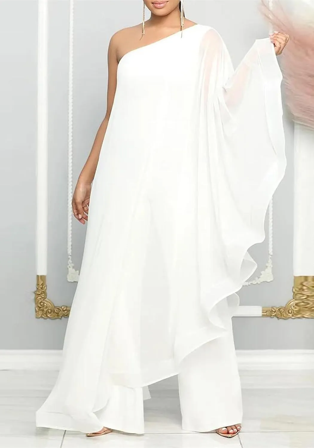 Vakkest Women's Sexy Formal Gown Dresses Off One Shoulder Sleeveless Jumpsuit Long Split Summer Party Wedding Gala Dress