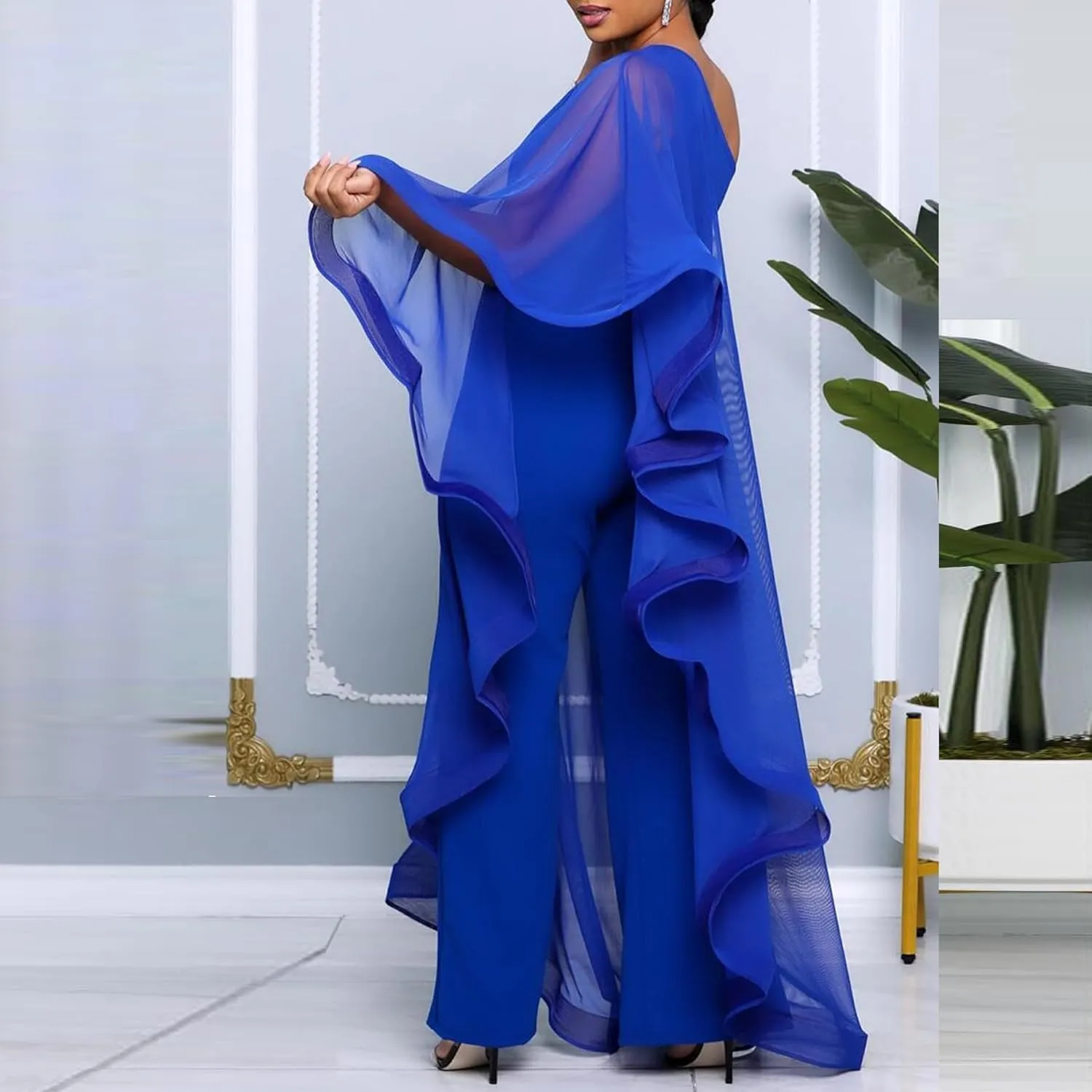 Vakkest Women's Sexy Formal Gown Dresses Off One Shoulder Sleeveless Jumpsuit Long Split Summer Party Wedding Gala Dress