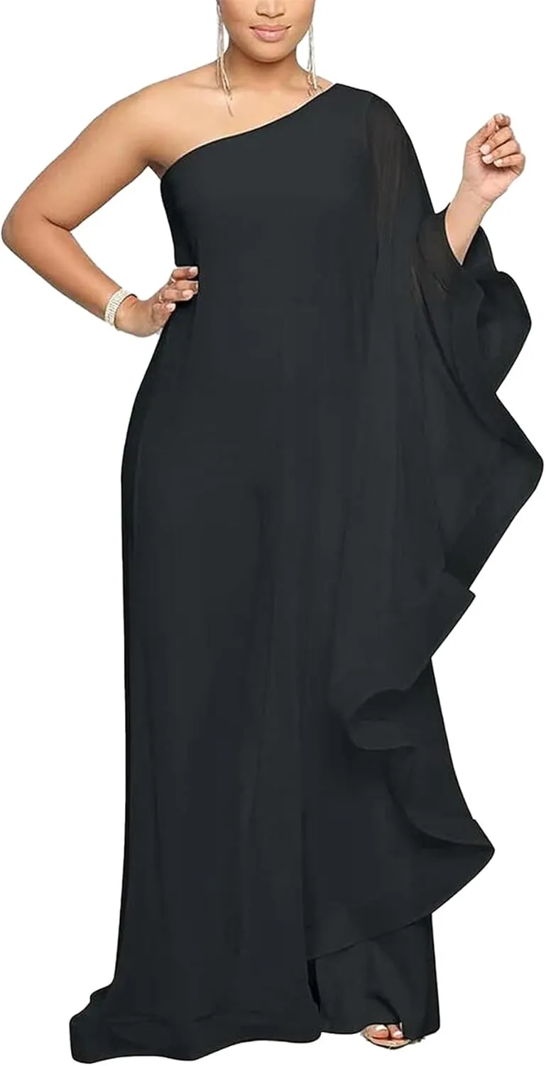 Vakkest Women's Sexy Formal Gown Dresses Off One Shoulder Sleeveless Jumpsuit Long Split Summer Party Wedding Gala Dress