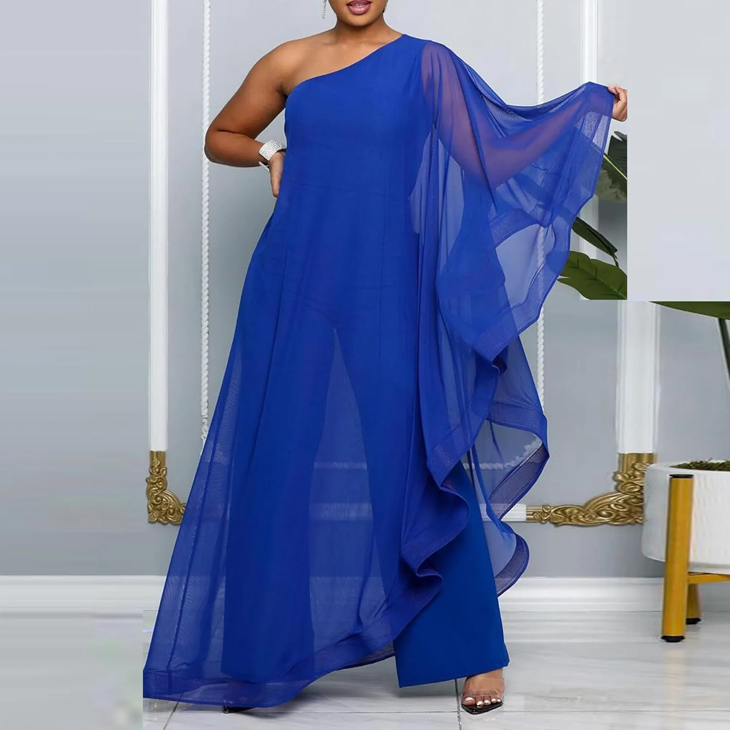 Vakkest Women's Sexy Formal Gown Dresses Off One Shoulder Sleeveless Jumpsuit Long Split Summer Party Wedding Gala Dress