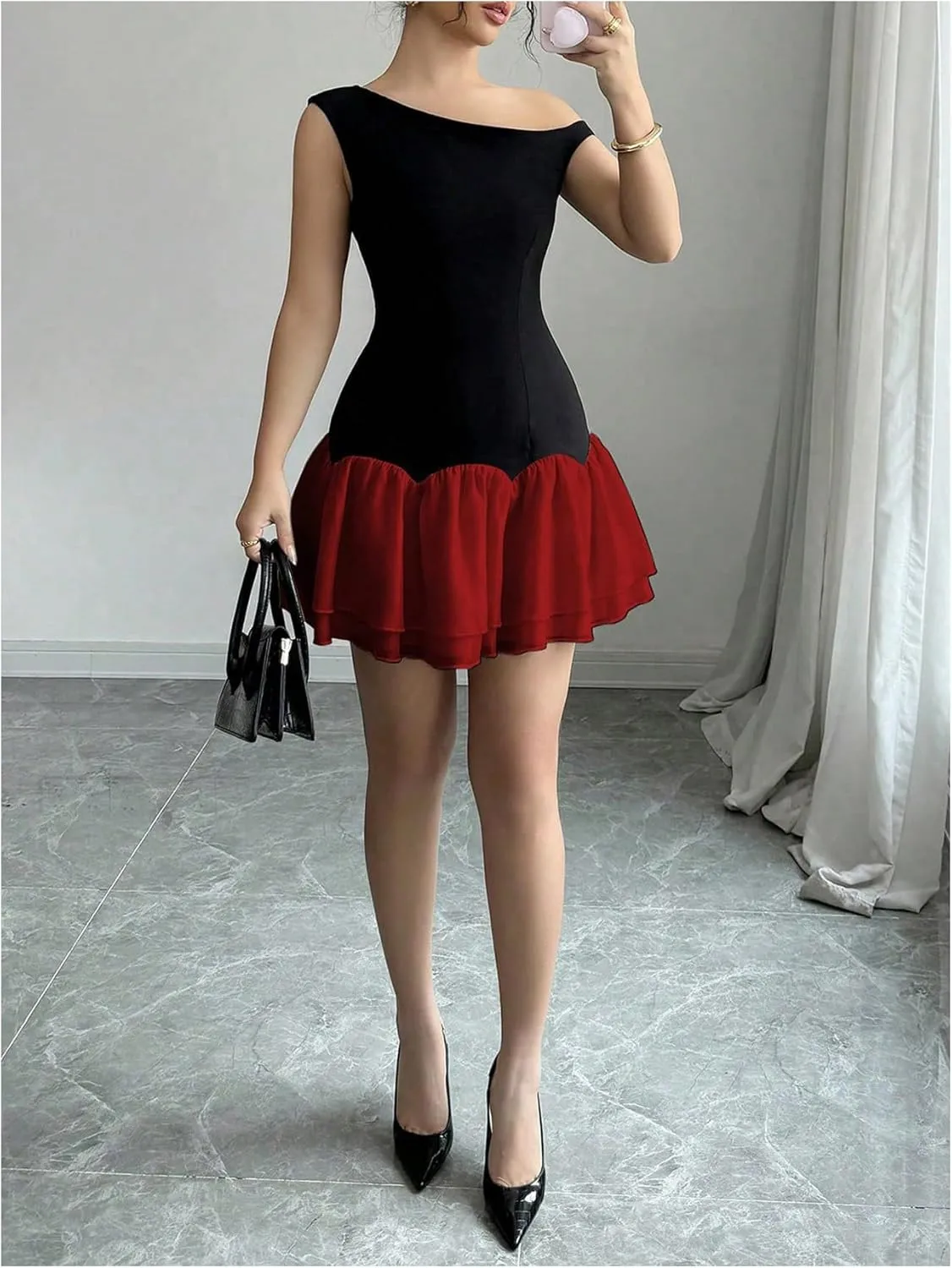 Verdusa Women's Color Block Ruffle Off Shoulder Dress Drop Waist Layered Mesh Mini Dress
