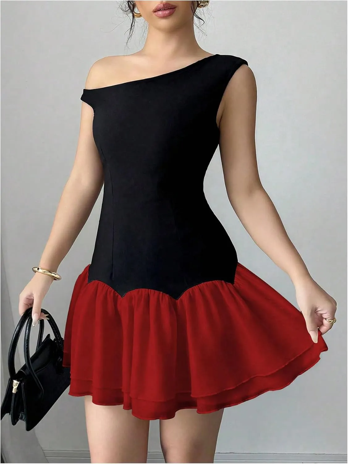 Verdusa Women's Color Block Ruffle Off Shoulder Dress Drop Waist Layered Mesh Mini Dress