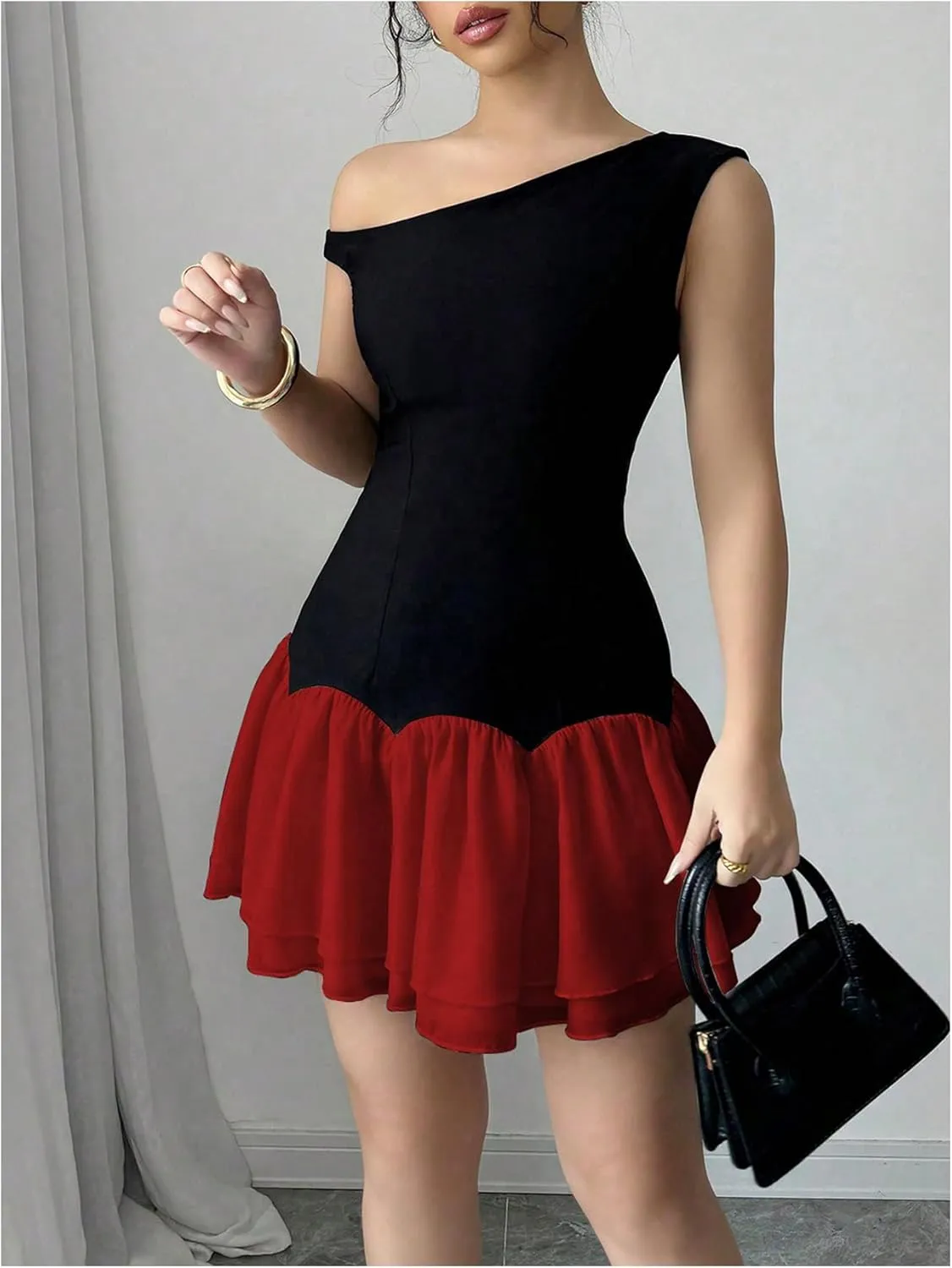 Verdusa Women's Color Block Ruffle Off Shoulder Dress Drop Waist Layered Mesh Mini Dress