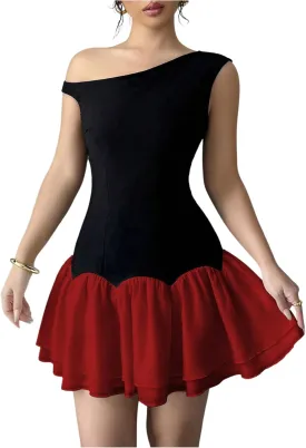 Verdusa Women's Color Block Ruffle Off Shoulder Dress Drop Waist Layered Mesh Mini Dress
