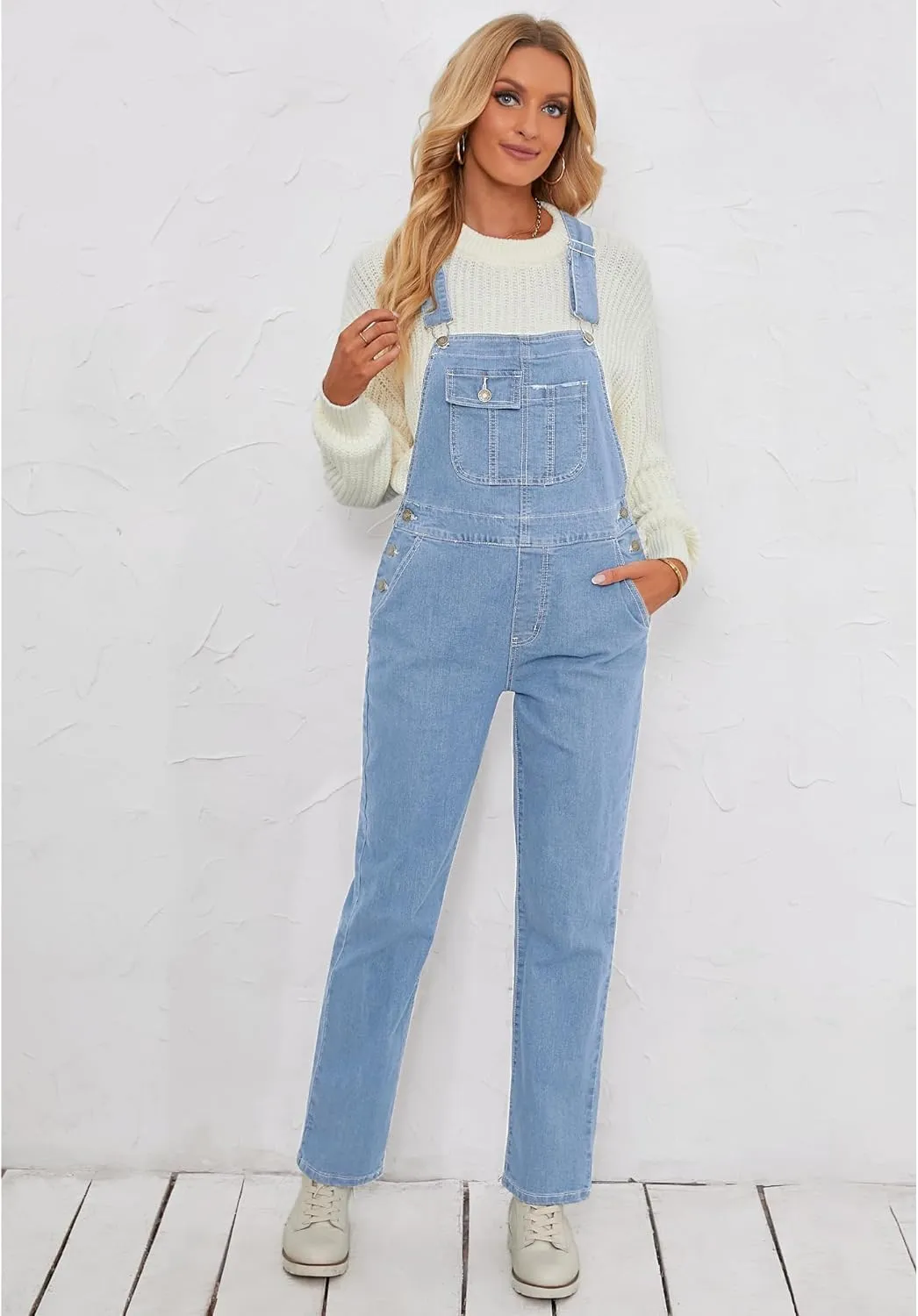 Vetinee Womens Overalls Denim Stretch Straight Leg Jeans Overall Regular Fit Bib Jean Jumpsuits Comfy Adjustable Straps