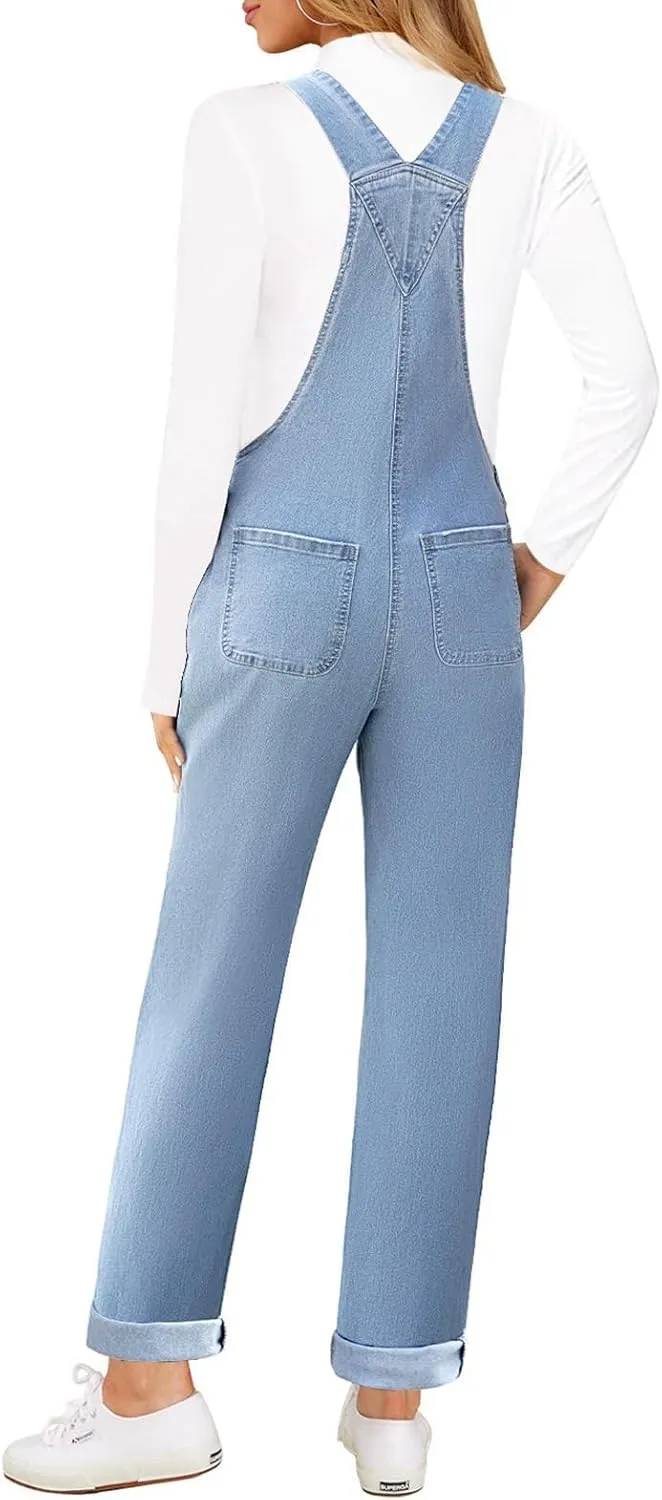 Vetinee Womens Overalls Denim Stretch Straight Leg Jeans Overall Regular Fit Bib Jean Jumpsuits Comfy Adjustable Straps
