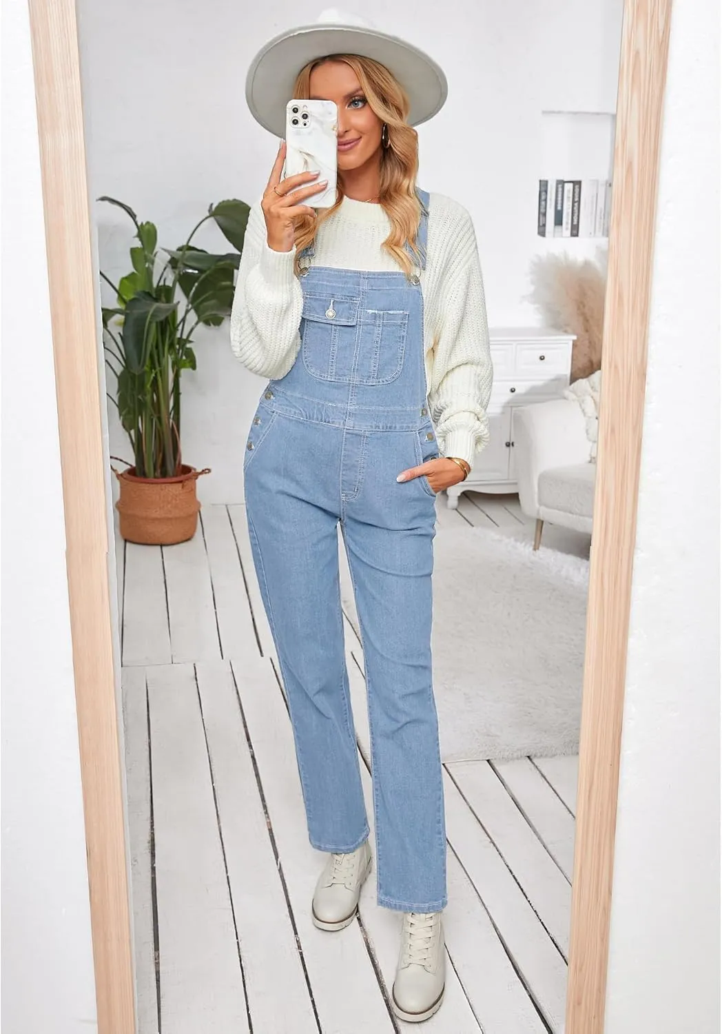 Vetinee Womens Overalls Denim Stretch Straight Leg Jeans Overall Regular Fit Bib Jean Jumpsuits Comfy Adjustable Straps