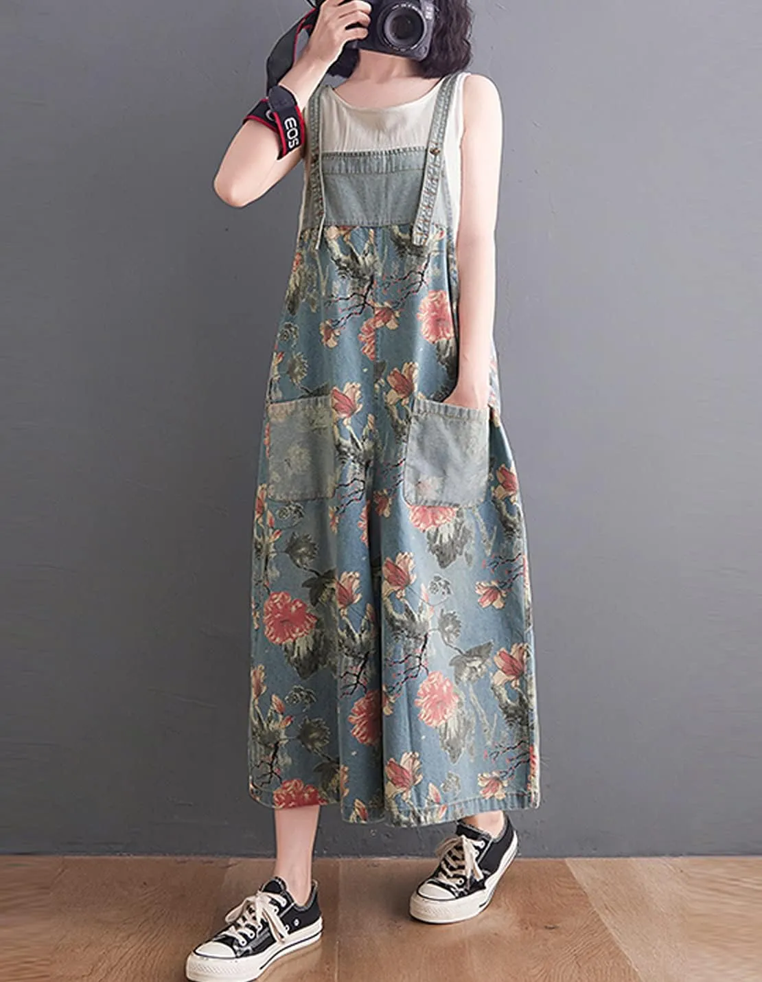 VIEWON Women's Loose Adjustable Straps Print Baggy Denim Overalls Casual Bib Jeans Wide Leg Jumpsuit Rompers Pants
