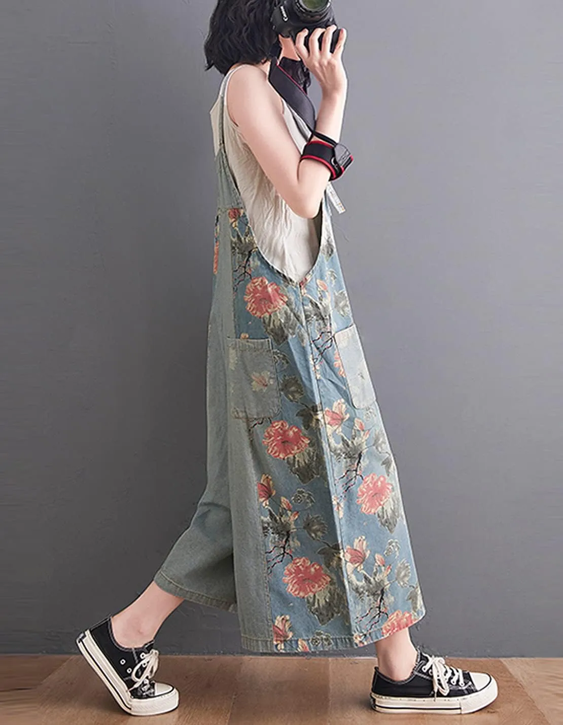 VIEWON Women's Loose Adjustable Straps Print Baggy Denim Overalls Casual Bib Jeans Wide Leg Jumpsuit Rompers Pants