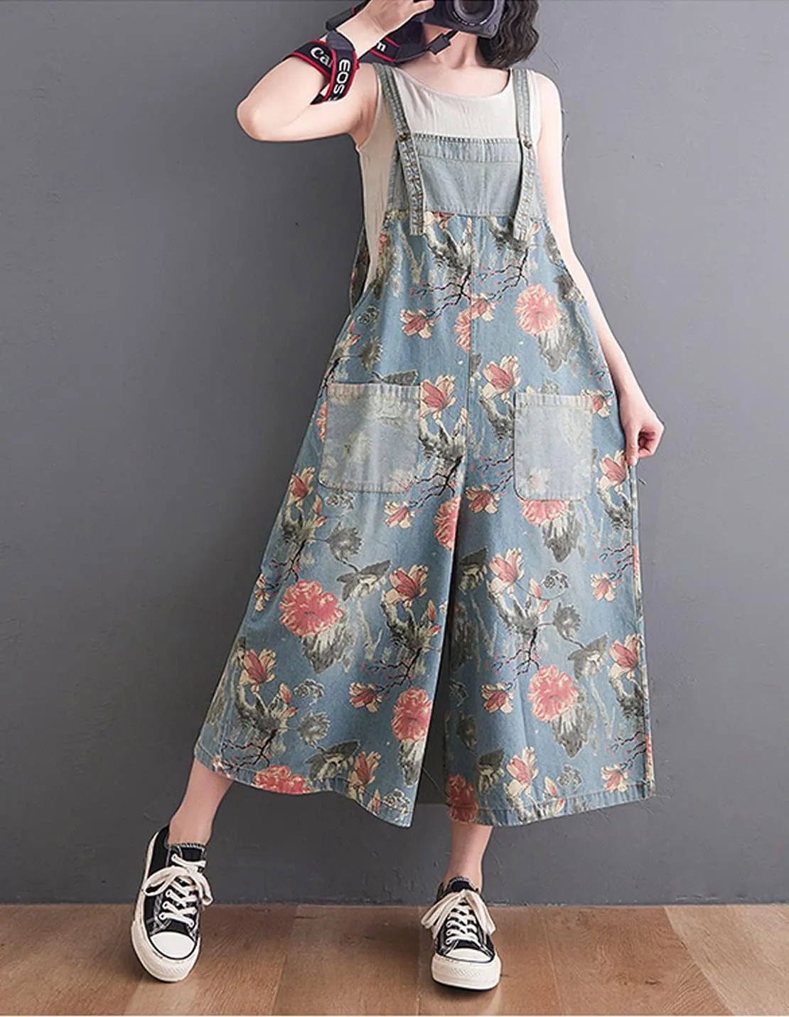 VIEWON Women's Loose Adjustable Straps Print Baggy Denim Overalls Casual Bib Jeans Wide Leg Jumpsuit Rompers Pants