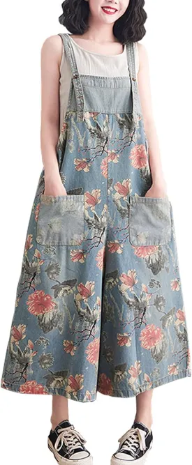 VIEWON Women's Loose Adjustable Straps Print Baggy Denim Overalls Casual Bib Jeans Wide Leg Jumpsuit Rompers Pants