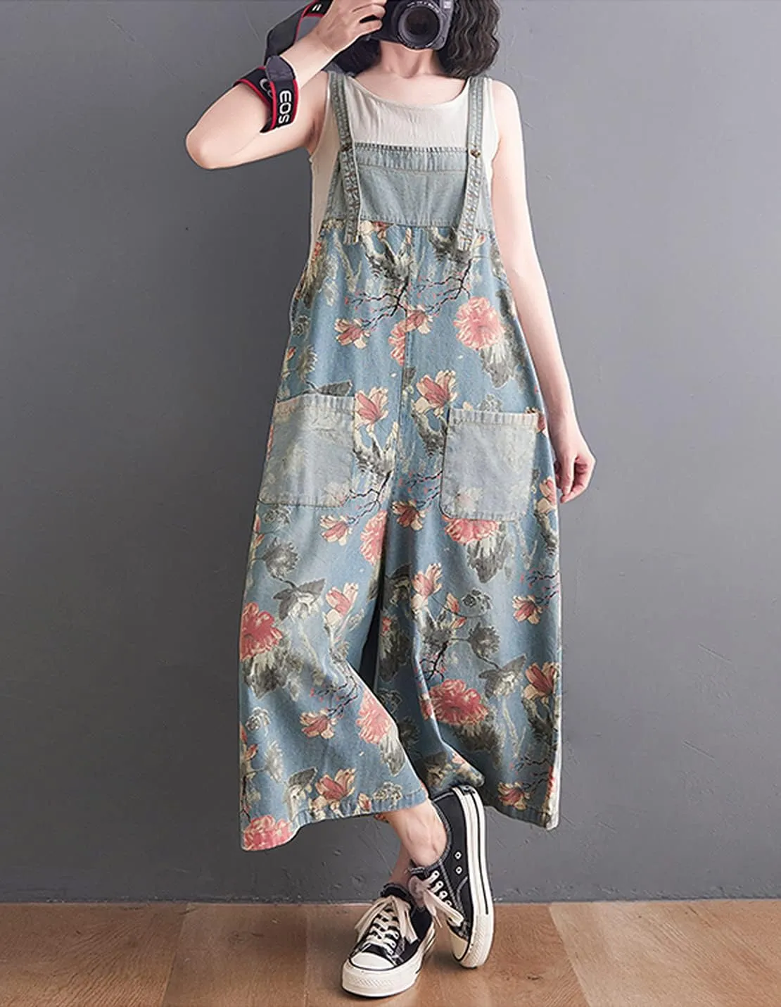 VIEWON Women's Loose Adjustable Straps Print Baggy Denim Overalls Casual Bib Jeans Wide Leg Jumpsuit Rompers Pants