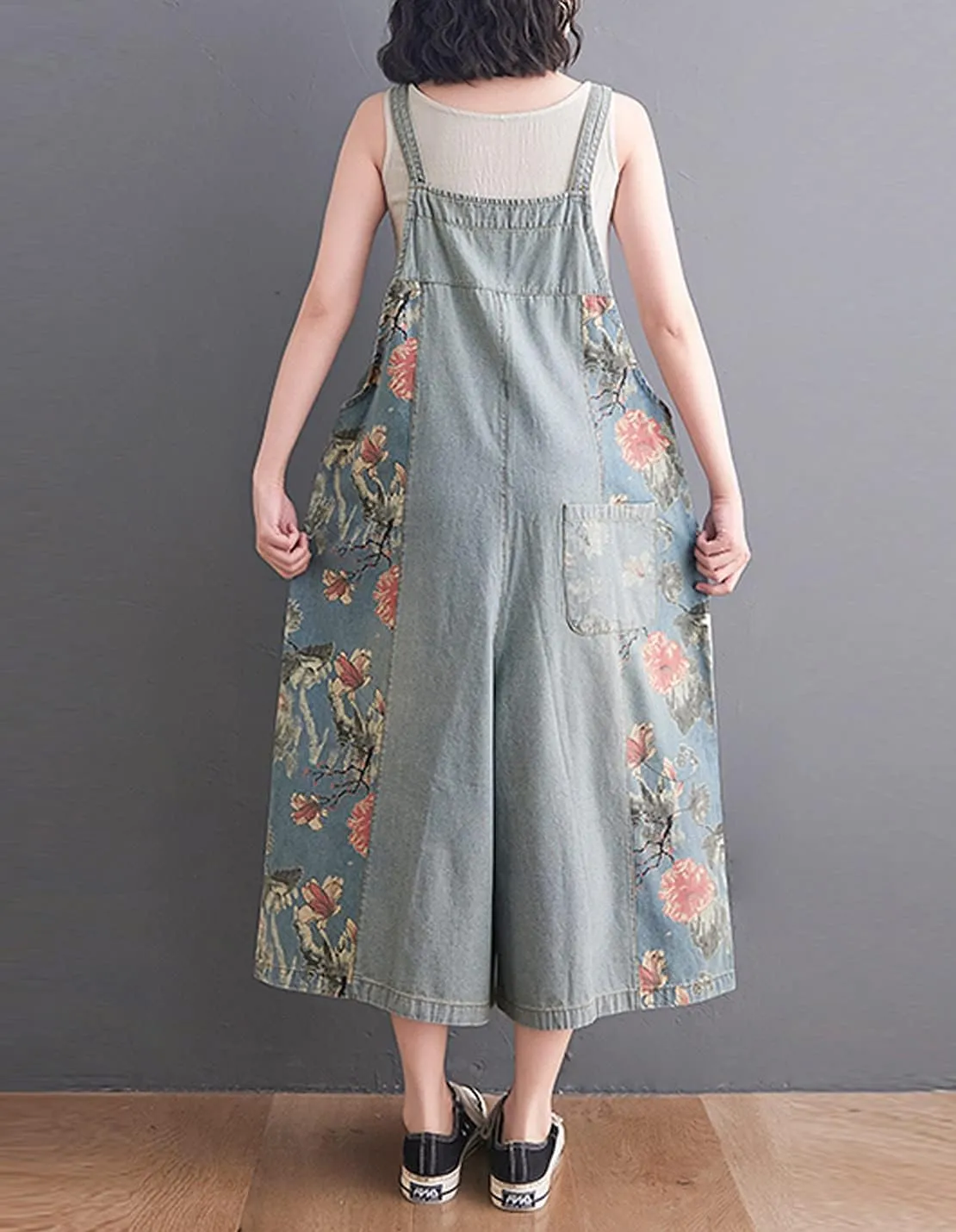 VIEWON Women's Loose Adjustable Straps Print Baggy Denim Overalls Casual Bib Jeans Wide Leg Jumpsuit Rompers Pants